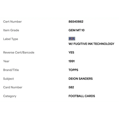 Deion Sanders PSA 10 1991 Topps Card #582
