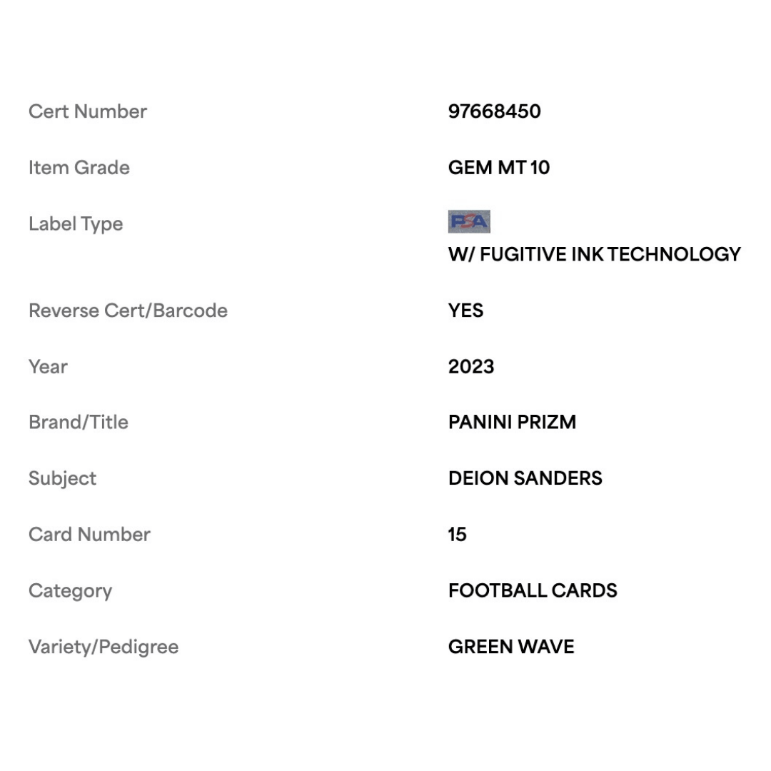Deion Sanders PSA 10 2023 Panini Prizm Green Wave Card #15