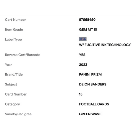 Deion Sanders PSA 10 2023 Panini Prizm Green Wave Card #15