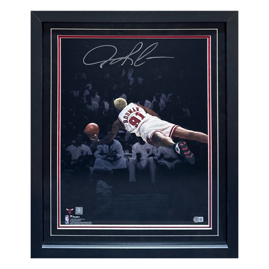 Dennis Rodman Chicago Bulls Autographed "The Dive" Framed 16x20 - Beckett COA