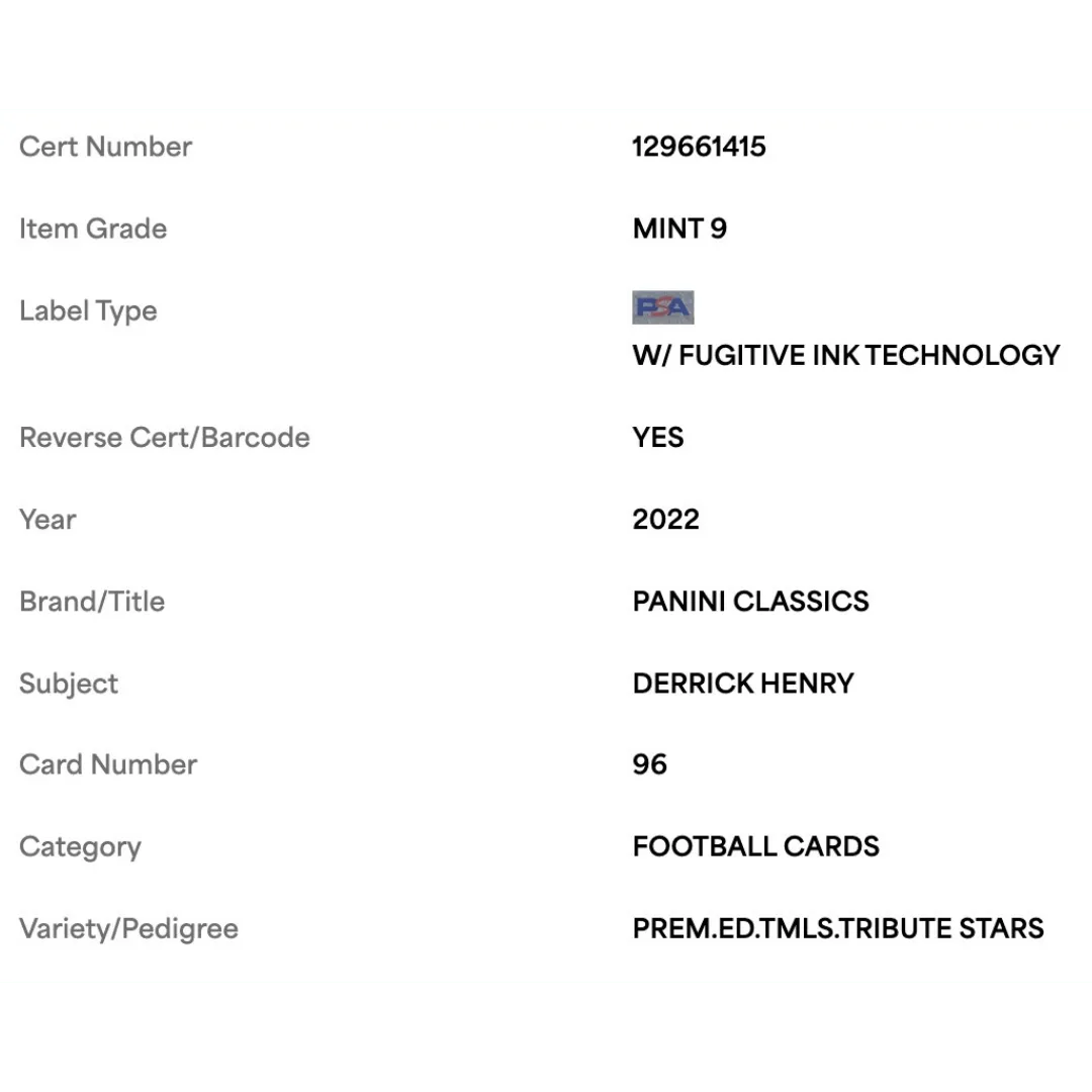 Derrick Henry PSA 9 2022 Panini Classics Premium Edition Timeless Tribute Stars #d/ 6 Card #96