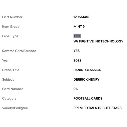 Derrick Henry PSA 9 2022 Panini Classics Premium Edition Timeless Tribute Stars #d/ 6 Card #96