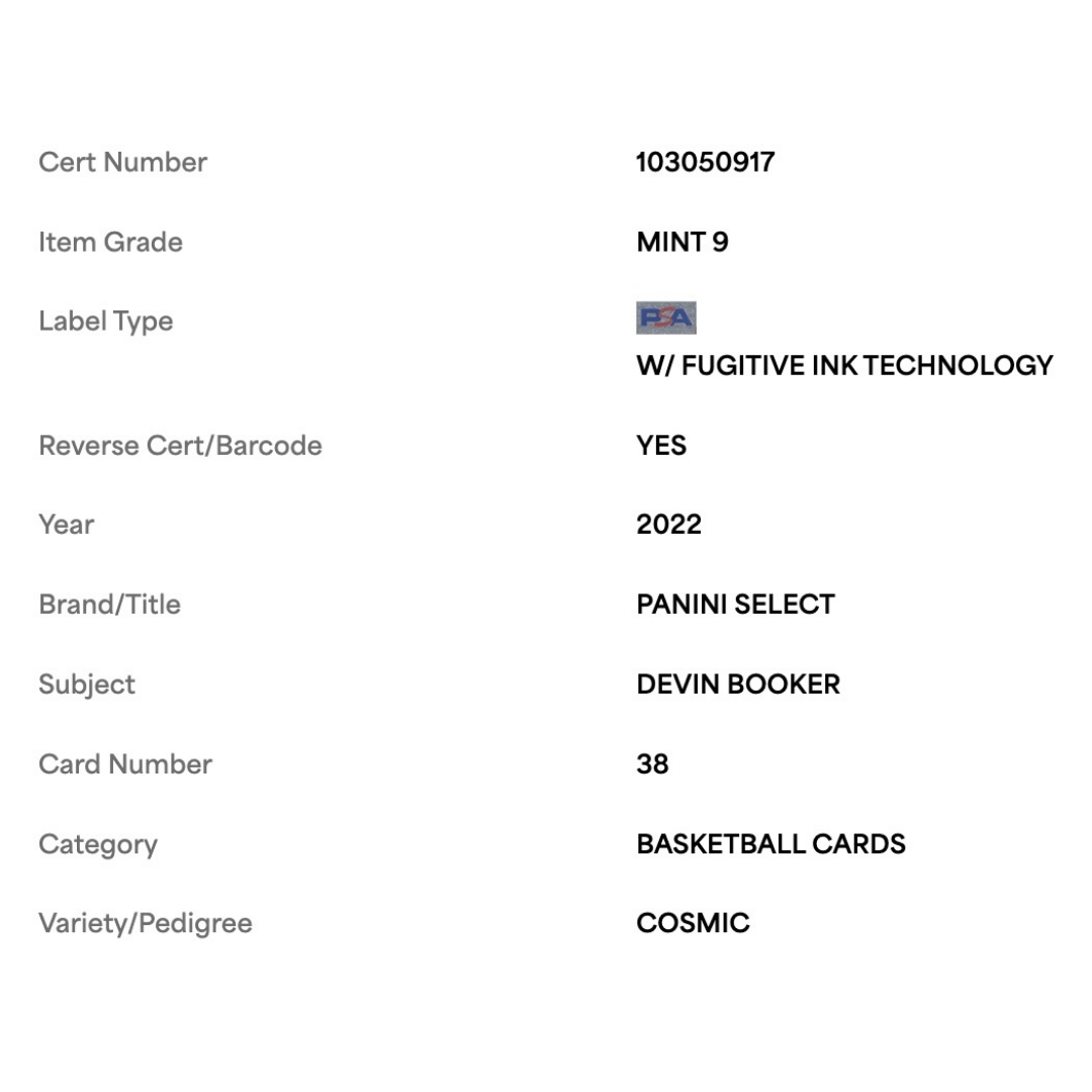 Devin Booker PSA 9 2022 Panini Select Cosmic Card #38