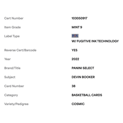 Devin Booker PSA 9 2022 Panini Select Cosmic Card #38