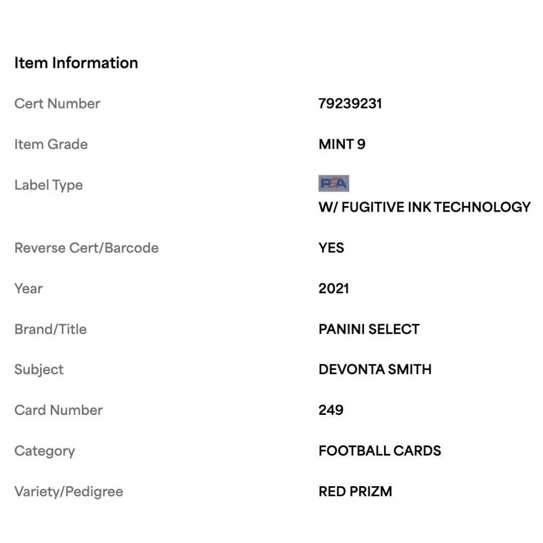 Devonta Smith PSA 9 2021 Panini Select Red Prizm Rookie RC #d/49 Card #249