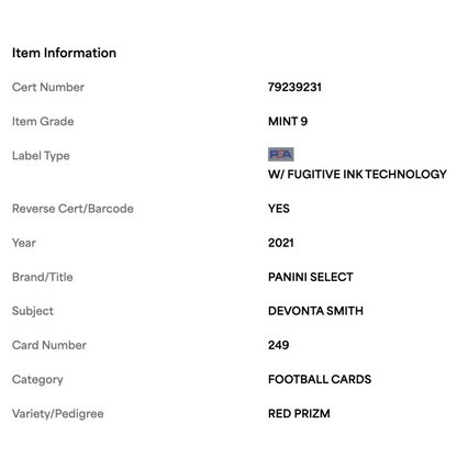 Devonta Smith PSA 9 2021 Panini Select Red Prizm Rookie RC #d/49 Card #249