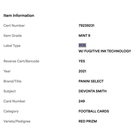 Devonta Smith PSA 9 2021 Panini Select Red Prizm Rookie RC #d/49 Card #249