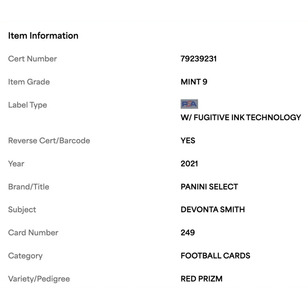 Devonta Smith PSA 9 2021 Panini Select Red Prizm Rookie RC #d/49 Card #249