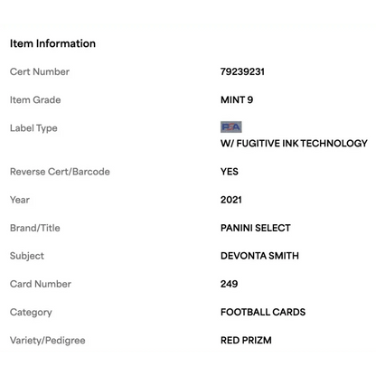 Devonta Smith PSA 9 2021 Panini Select Red Prizm Rookie RC #d/49 Card #249