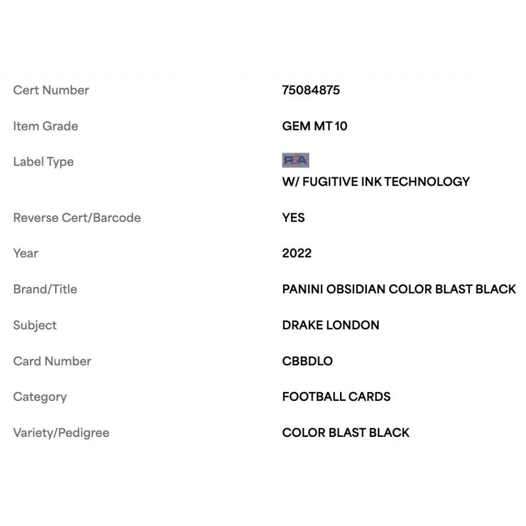 Drake London PSA 10 2022 Panini Obsidian Color Blast Black Case Hit Rookie RC Card #CBBDLO