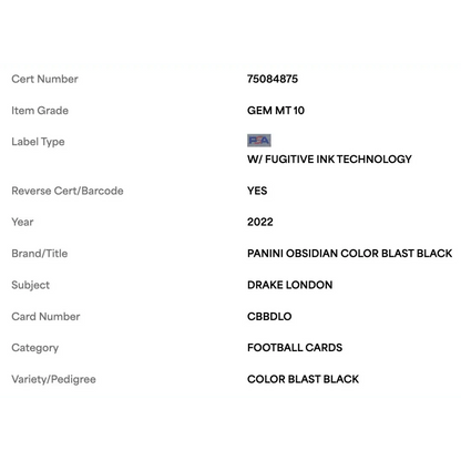 Drake London PSA 10 2022 Panini Obsidian Color Blast Black Case Hit Rookie RC Card #CBBDLO