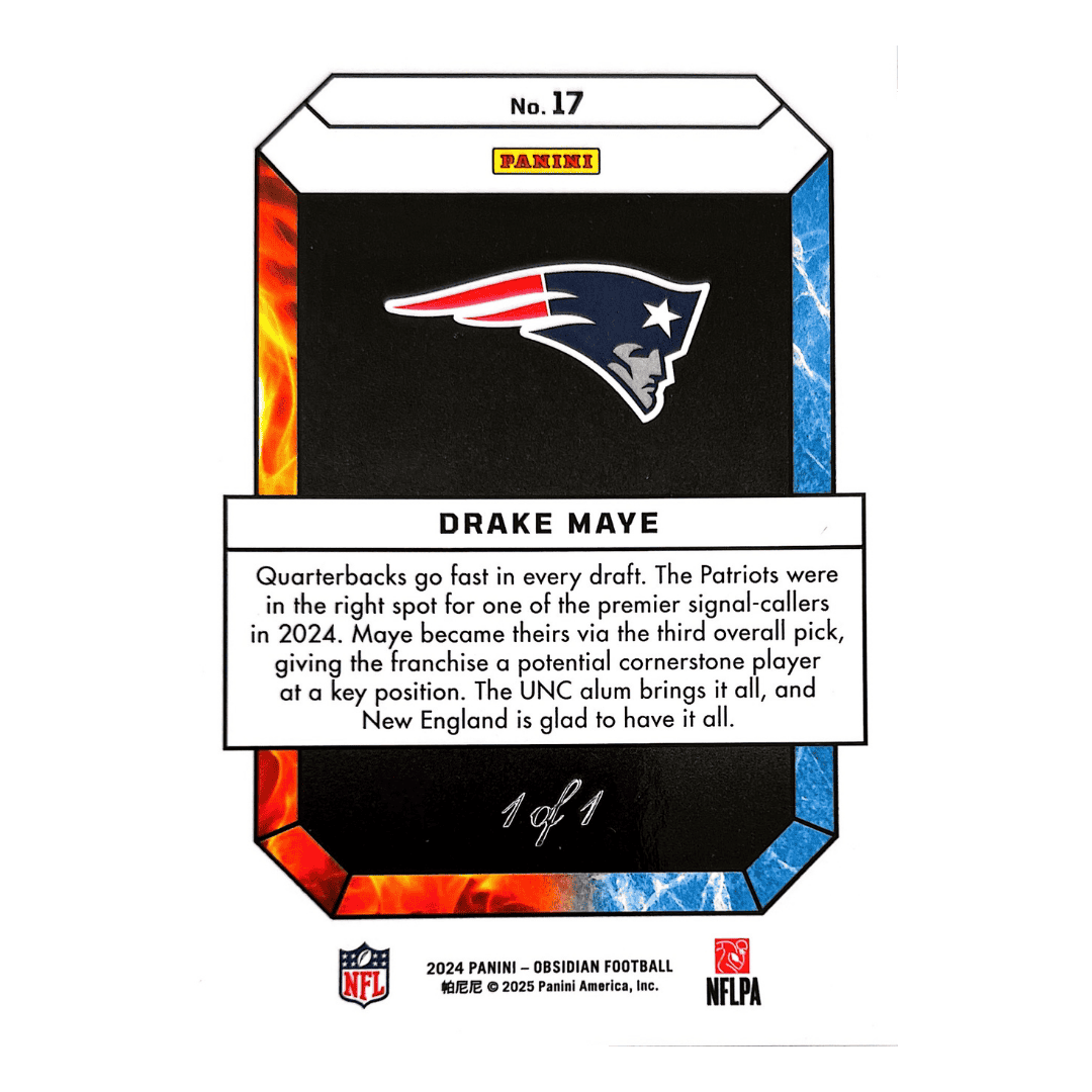 Drake Maye 2024 Panini Obsidian Fire and Ice Rookie RC #1/1 Card #17