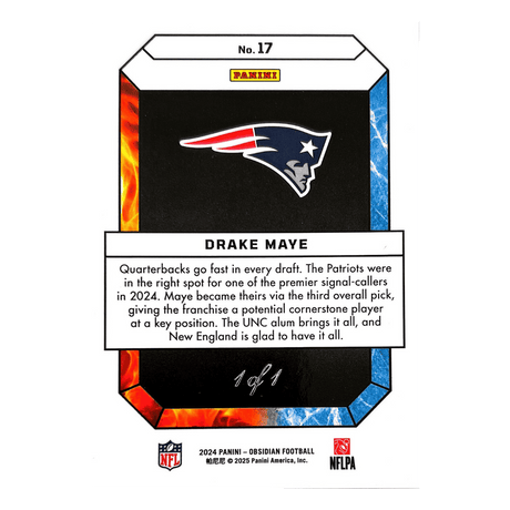 Drake Maye 2024 Panini Obsidian Fire and Ice Rookie RC #1/1 Card #17