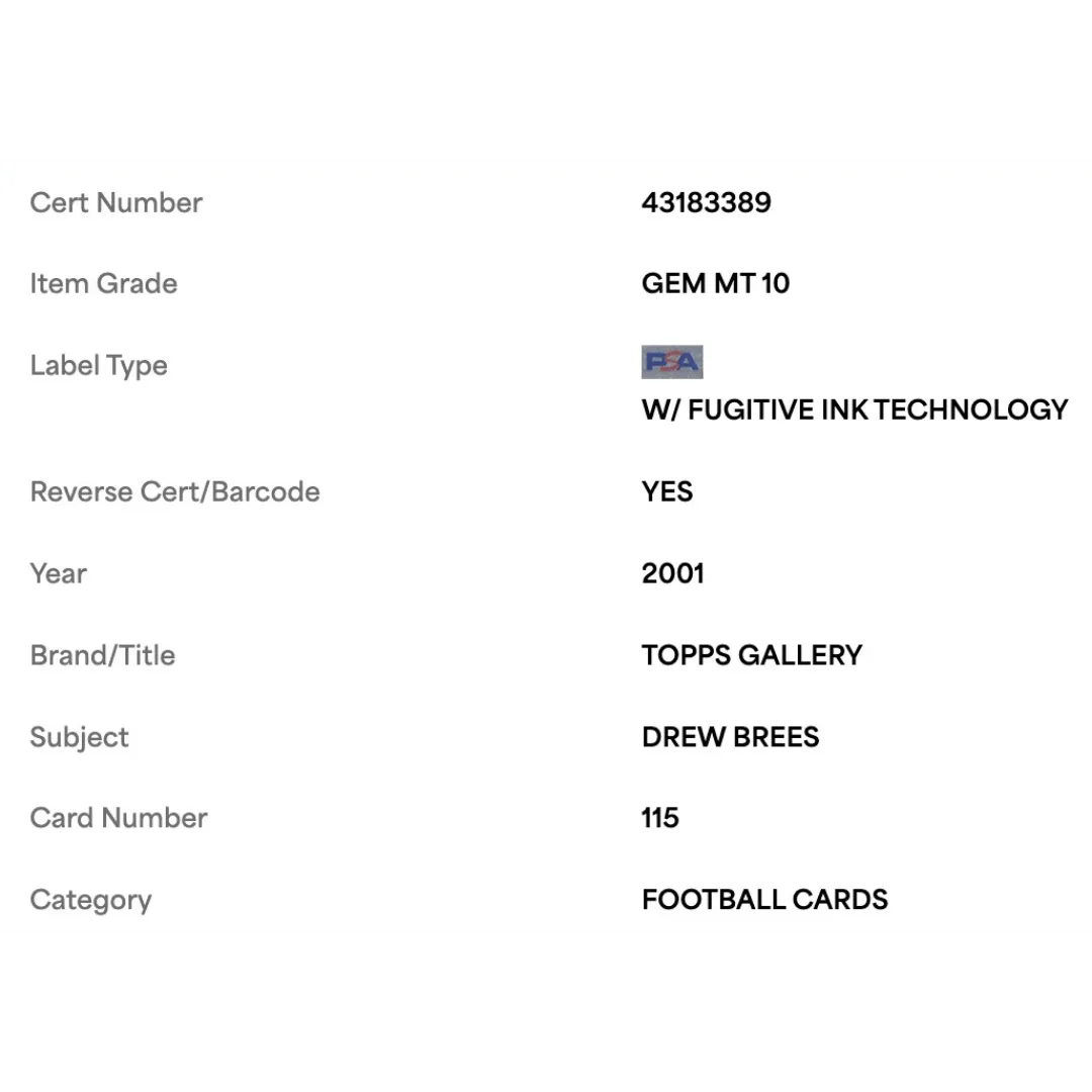 Drew Brees PSA 10 2001 Topps Gallery Rookie Card #115