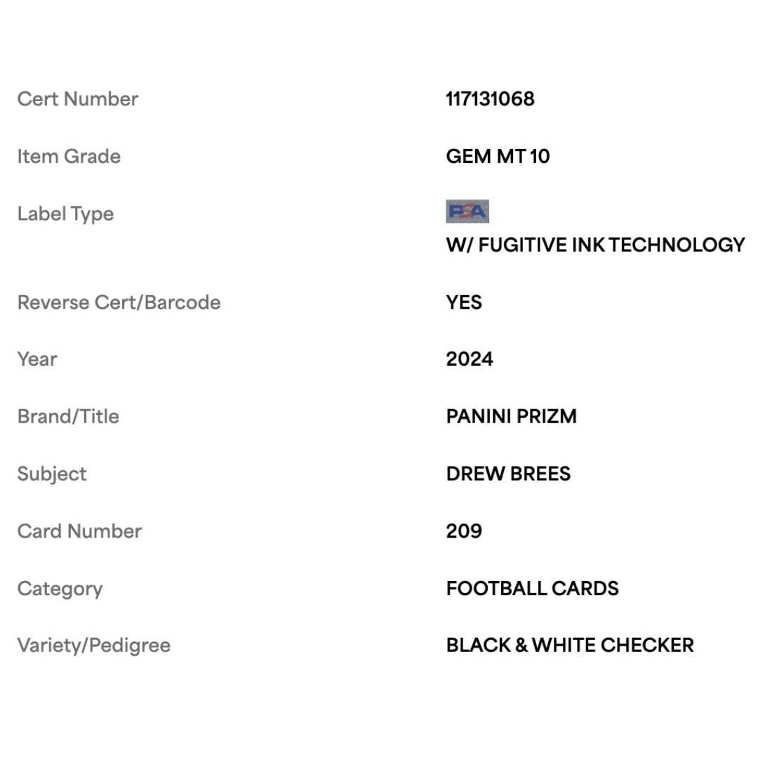 Drew Brees PSA 10 2024 Panini Prizm Black & White Checker Card #209
