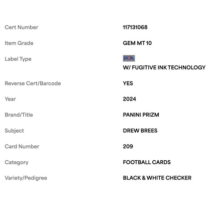 Drew Brees PSA 10 2024 Panini Prizm Black & White Checker Card #209