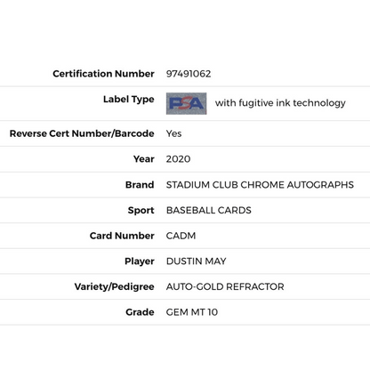 Dustin May PSA 10 2020 Topps Stadium Club Chrome Autographs Gold Refactor Rookie RC d/50 Card #CADM