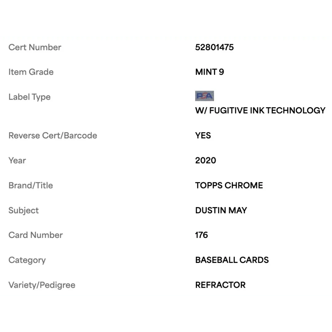 Dustin May PSA 9 2020 Topps Chrome Refractor Card #176