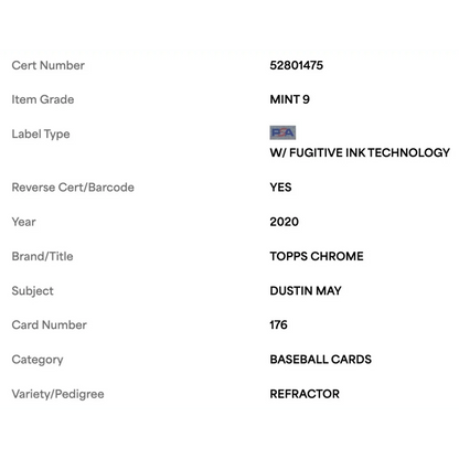 Dustin May PSA 9 2020 Topps Chrome Refractor Card #176
