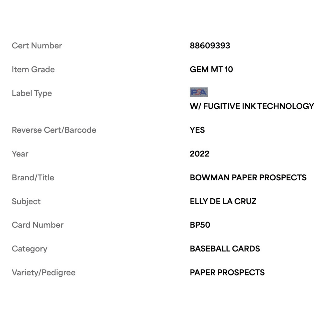 Elly De La Cruz PSA 10 2022 Topps Bowman Paper Prospects Card #BP50