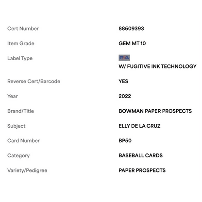 Elly De La Cruz PSA 10 2022 Topps Bowman Paper Prospects Card #BP50