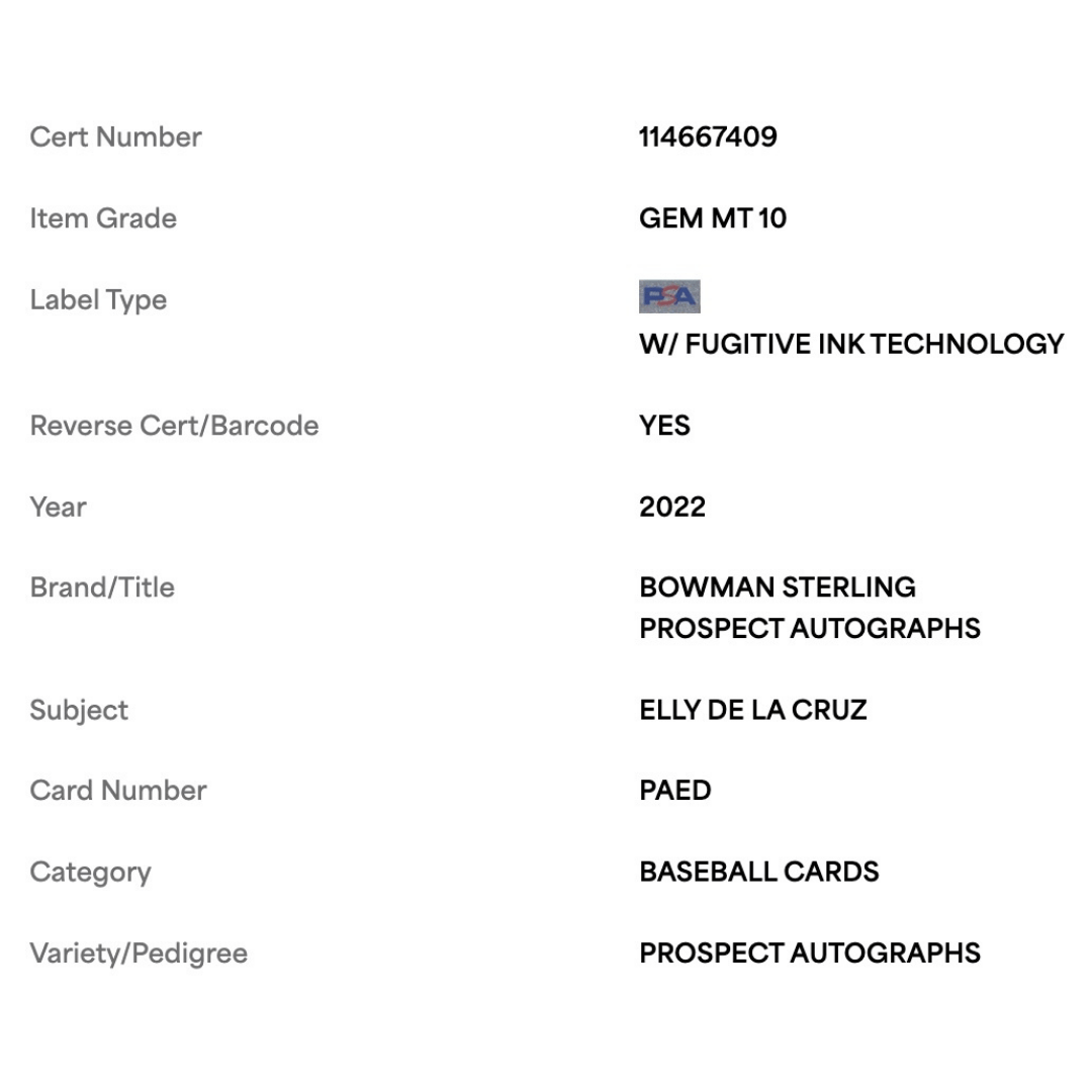 Elly De La Cruz PSA 10 2022 Topps Bowman Sterling Prospects Autographs Card #PAED