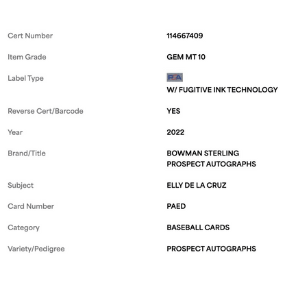 Elly De La Cruz PSA 10 2022 Topps Bowman Sterling Prospects Autographs Card #PAED