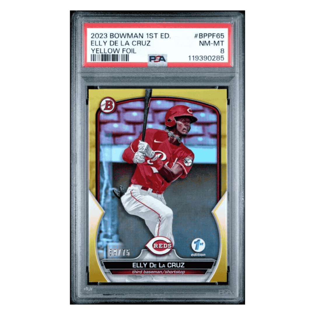 Elly De La Cruz PSA 8 2023 Topps Bowman 1st Edition Yellow Foil #d /75 Card #BPPF65