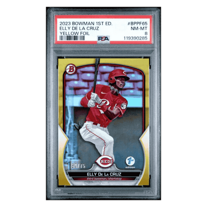 Elly De La Cruz PSA 8 2023 Topps Bowman 1st Edition Yellow Foil #d /75 Card #BPPF65