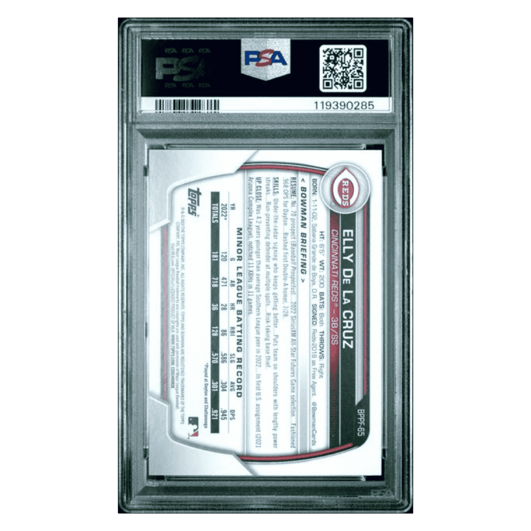 Elly De La Cruz PSA 8 2023 Topps Bowman 1st Edition Yellow Foil #d /75 Card #BPPF65