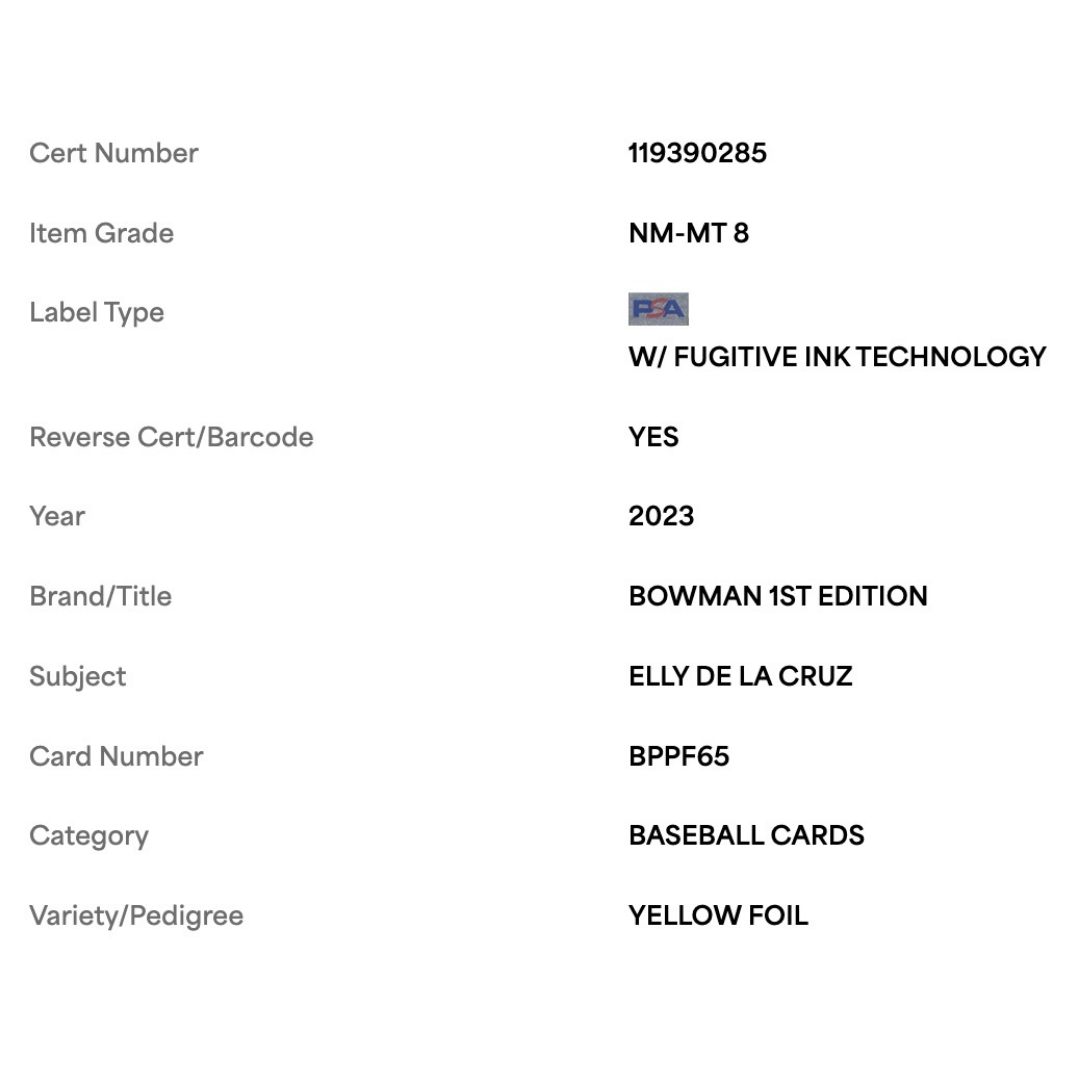 Elly De La Cruz PSA 8 2023 Topps Bowman 1st Edition Yellow Foil #d /75 Card #BPPF65