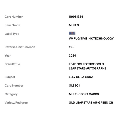 Elly De La Cruz PSA 9 2024 Leaf Collective Gold Leaf Stars Autograph Green #d/6 Card #GLSEC1