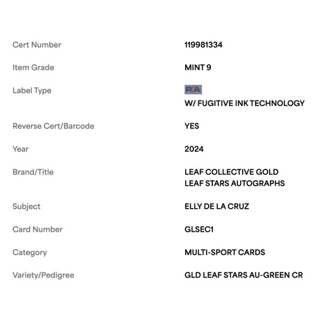 Elly De La Cruz PSA 9 2024 Leaf Collective Gold Leaf Stars Autograph Green #d/6 Card #GLSEC1