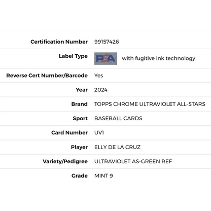 Elly De La Cruz PSA 9 2024 Topps Chrome Ultraviolet All-Stars Green Refractor Rookie RC Card #UV1