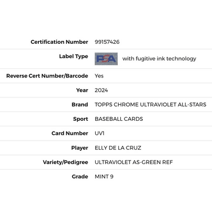 Elly De La Cruz PSA 9 2024 Topps Chrome Ultraviolet All-Stars Green Refractor Rookie RC Card #UV1