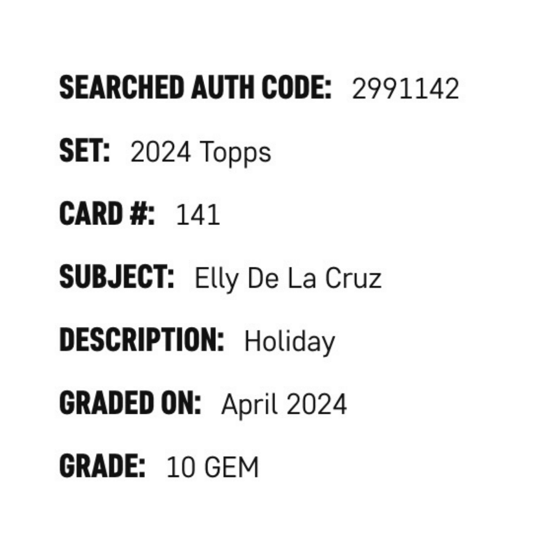 Elly De La Cruz SGC 10 2024 Topps Holiday Card #141