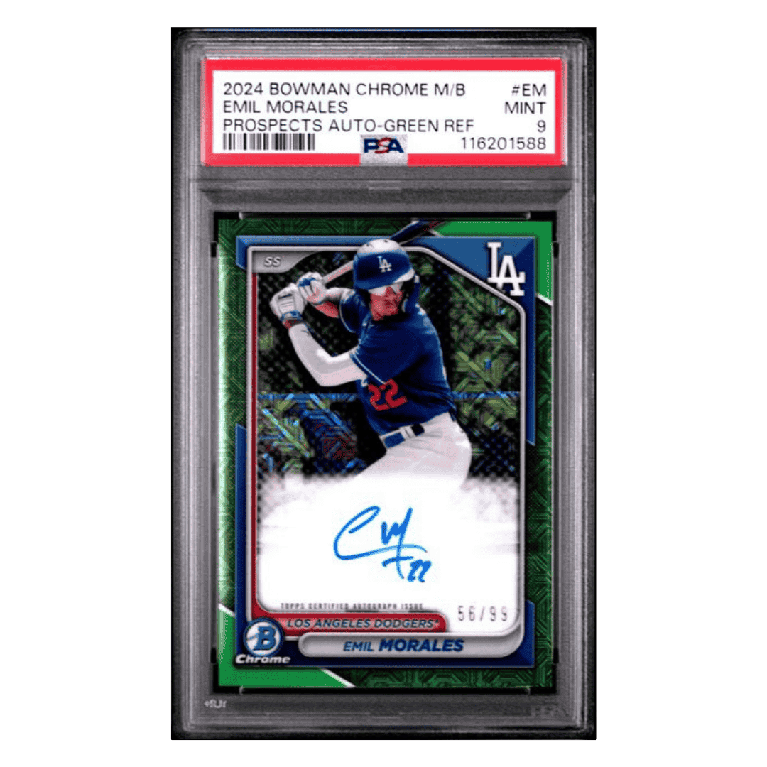Emil Morales PSA 9 2024 Topps Bowman Chrome Prospects Auto Green Refractor #d/ 99 Card #EM