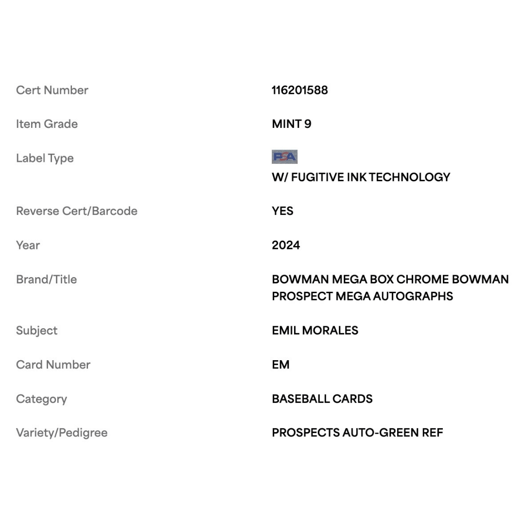 Emil Morales PSA 9 2024 Topps Bowman Chrome Prospects Auto Green Refractor #d/ 99 Card #EM