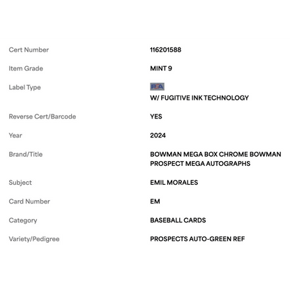 Emil Morales PSA 9 2024 Topps Bowman Chrome Prospects Auto Green Refractor #d/ 99 Card #EM