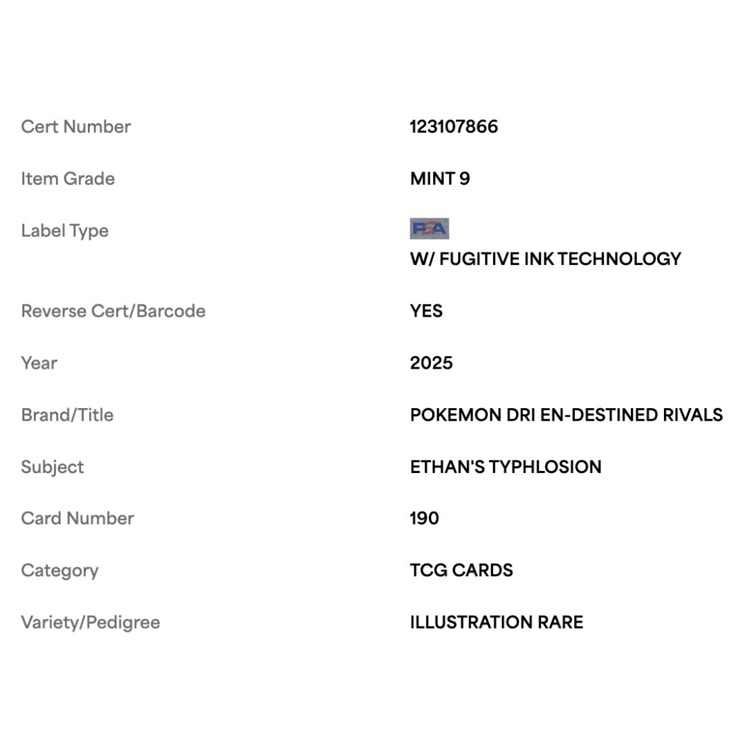 Ethan's Typhlosion PSA 9 2025 Pokemon Dri EN- Destined Rivals Illustrations Rare Card #190