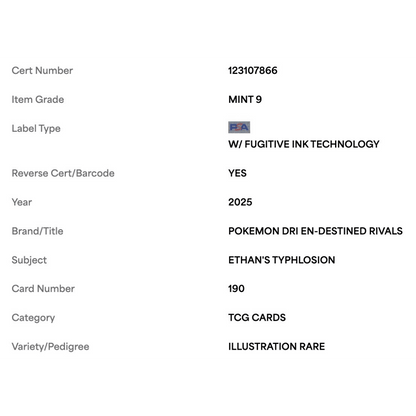 Ethan's Typhlosion PSA 9 2025 Pokemon Dri EN- Destined Rivals Illustrations Rare Card #190