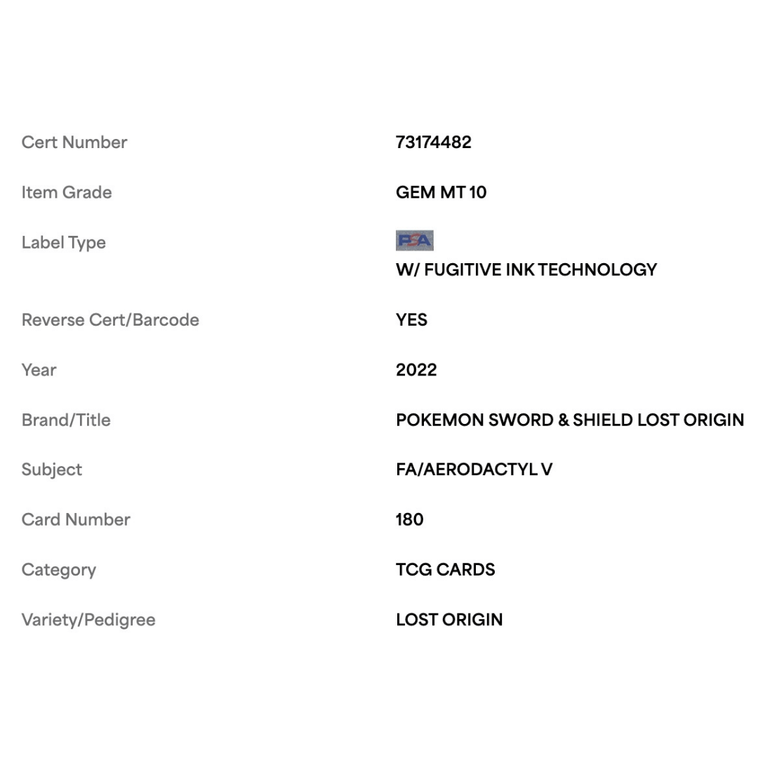 FA/ Aerodactyl V PSA 10 2022 Pokemon Sword & Shield Lost Origin Card #180