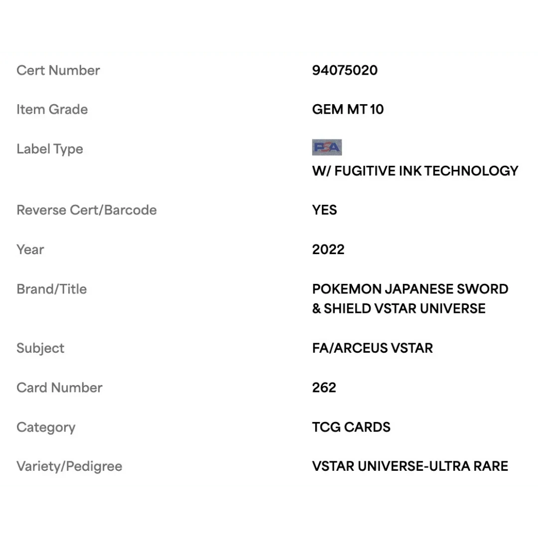 FA/ Arceus VSTAR PSA 10 2022 Pokemon Japanese Sword & Shield VSTAR Universe Ultra Rare Card #262