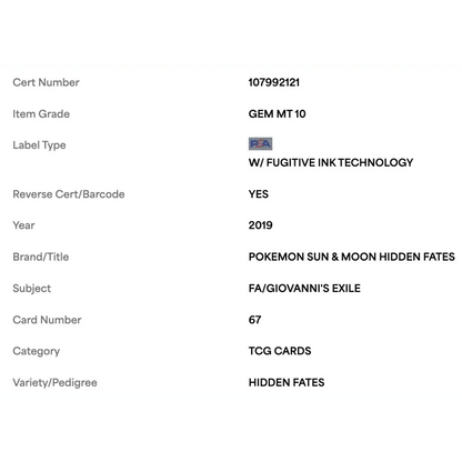 FA/ Giovanni's Exile PSA 10 2019 Pokemon Sun & Moon Hidden Fates Card #67