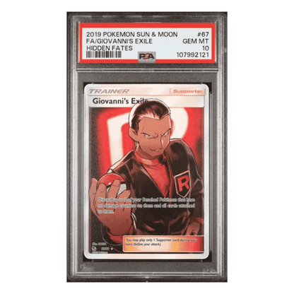 FA/ Giovanni's Exile PSA 10 2019 Pokemon Sun & Moon Hidden Fates Card #67