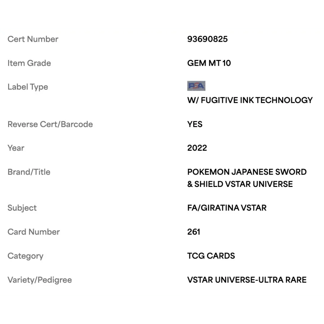 FA/ Giratina VSTAR PSA 10 2022 Pokemon Japanese Sword & Shield VSTAR Universe Ultra Rare Card #261