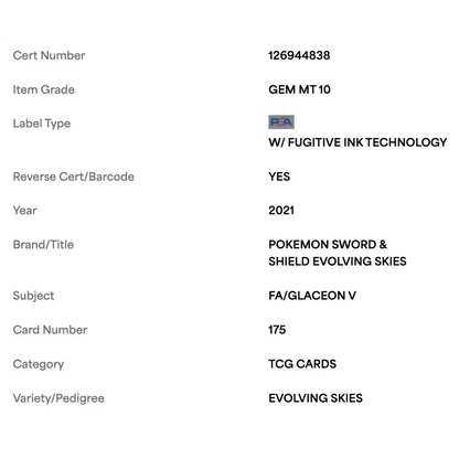 FA/ Glaceon V PSA 10 2021 Pokemon Sword & Shield Evolving Skies Card #175