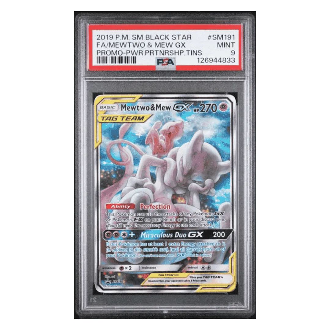 FA/ Mewtwo & Mew GX PSA 9 2019 Pokemon SM Black Star Promo Power Partnership Tin Card #SM191