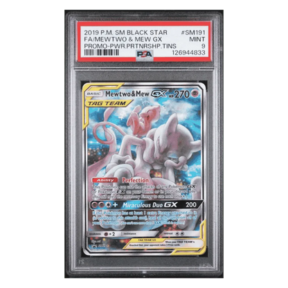 FA/ Mewtwo & Mew GX PSA 9 2019 Pokemon SM Black Star Promo Power Partnership Tin Card #SM191