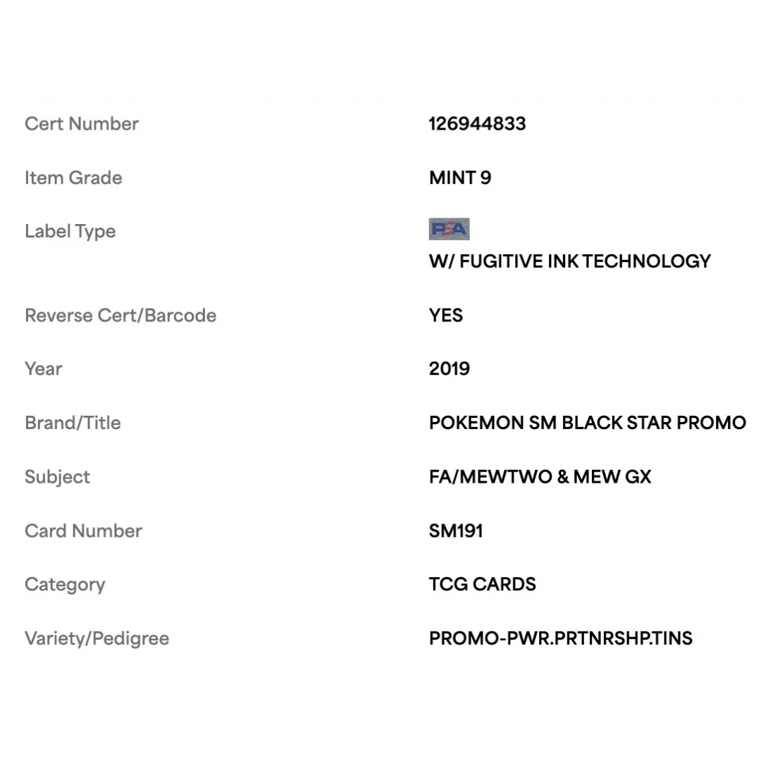 FA/ Mewtwo & Mew GX PSA 9 2019 Pokemon SM Black Star Promo Power Partnership Tin Card #SM191